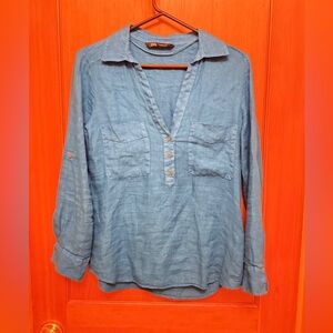 Zara Bright Blue Linen V-Neck Half Button Down Shirt